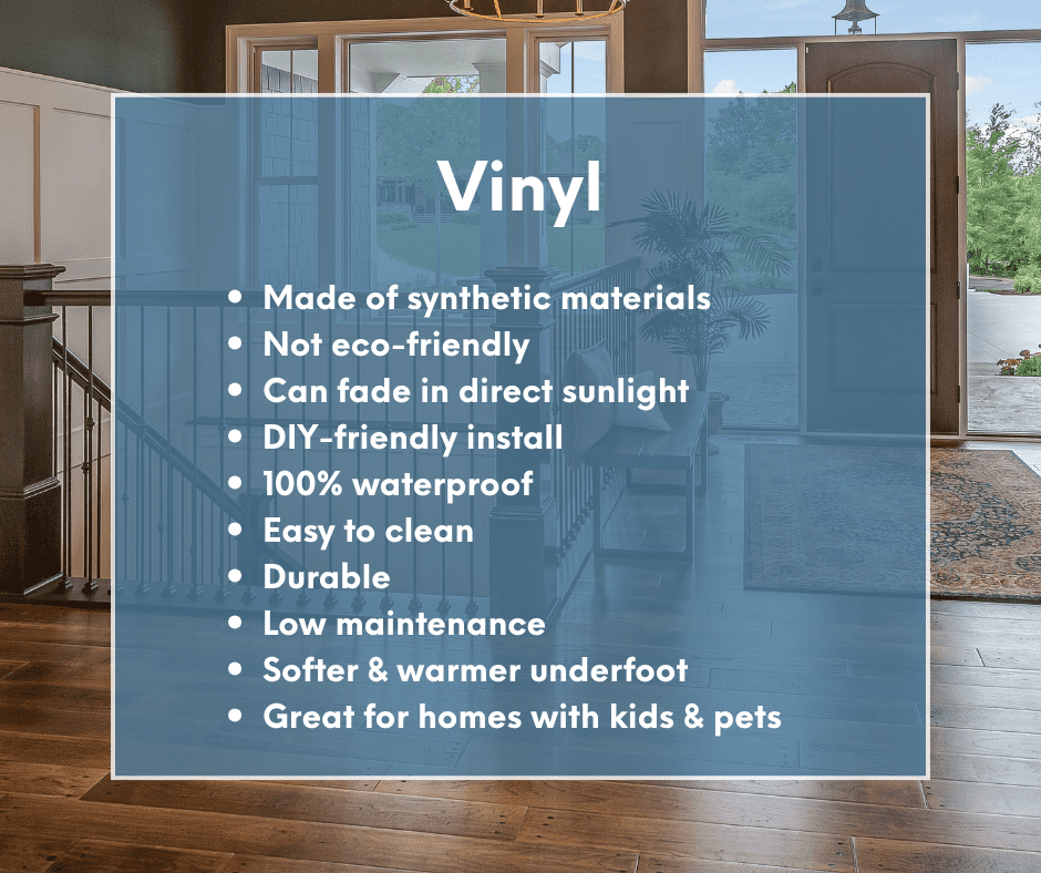 Infographic listing vinyl flooring features: made of synthetic materials, not eco-friendly, can fade in sunlight, DIY-friendly install, 100% waterproof, easy to clean, durable, low maintenance, soft underfoot, ideal for homes with kids and pets.