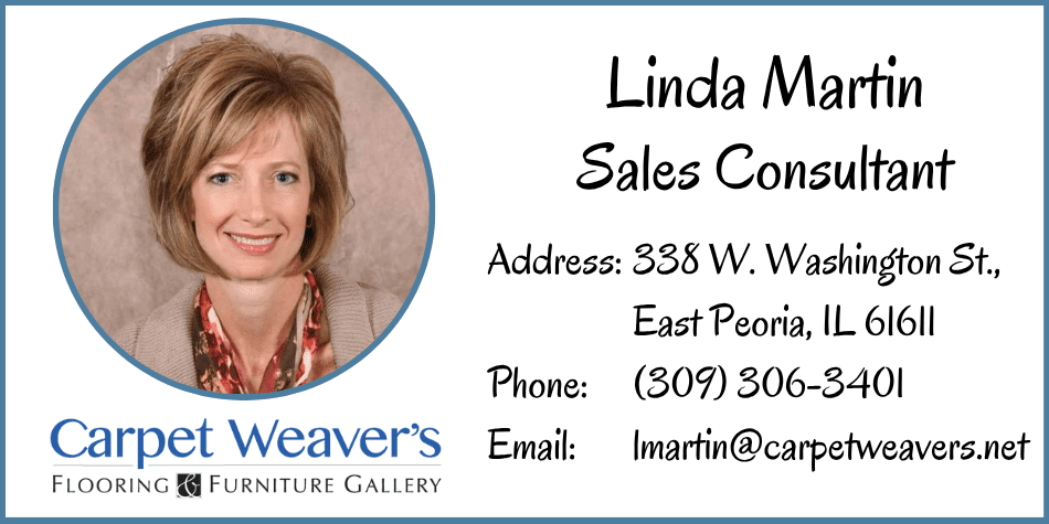 Photo card for Linda Martin, Sales Consultant at Carpet Weaver’s Flooring & Furniture Gallery in East Peoria, Illinois. Includes contact information: address, phone number, and email.