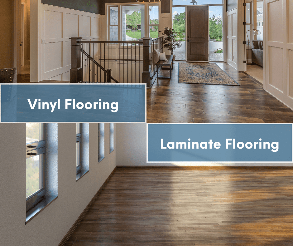 Side-by-side comparison of vinyl and laminate flooring. The top image shows vinyl flooring in a bright entryway; the bottom image shows laminate flooring in a sunlit room, highlighting texture and color differences.