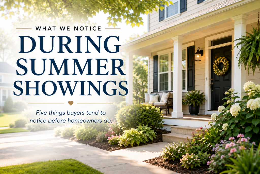 Bright, well-maintained home with summer landscaping and a welcoming front porch illustrating what buyers notice during summer home showings in Greater Peoria, including curb appeal, outdoor living spaces, and overall home presentation.