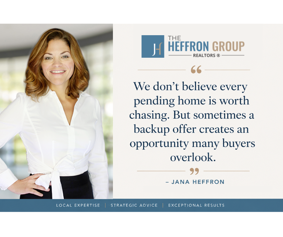 Professional quote graphic featuring Jana Heffron of The Heffron Group REALTORS® alongside a quote about backup offers: "We don't believe every pending home is worth chasing. But sometimes a backup offer creates an opportunity many buyers overlook."