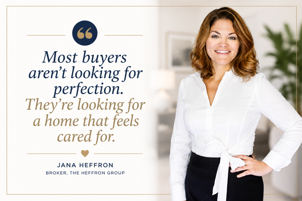 Quote graphic featuring Jana Heffron of The Heffron Group REALTORS® with the message: "Most buyers aren't looking for perfection. They're looking for a home that feels cared for." The image reinforces the importance of maintenance, presentation, and buyer confidence during summer home showings.